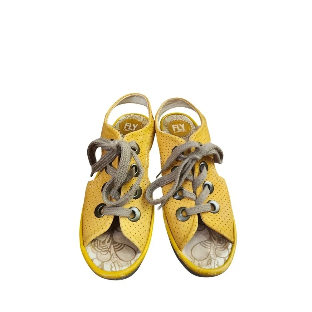 Fly London Yasi Mustard Yellow Perforated Leather Wedge Sandals Size 39